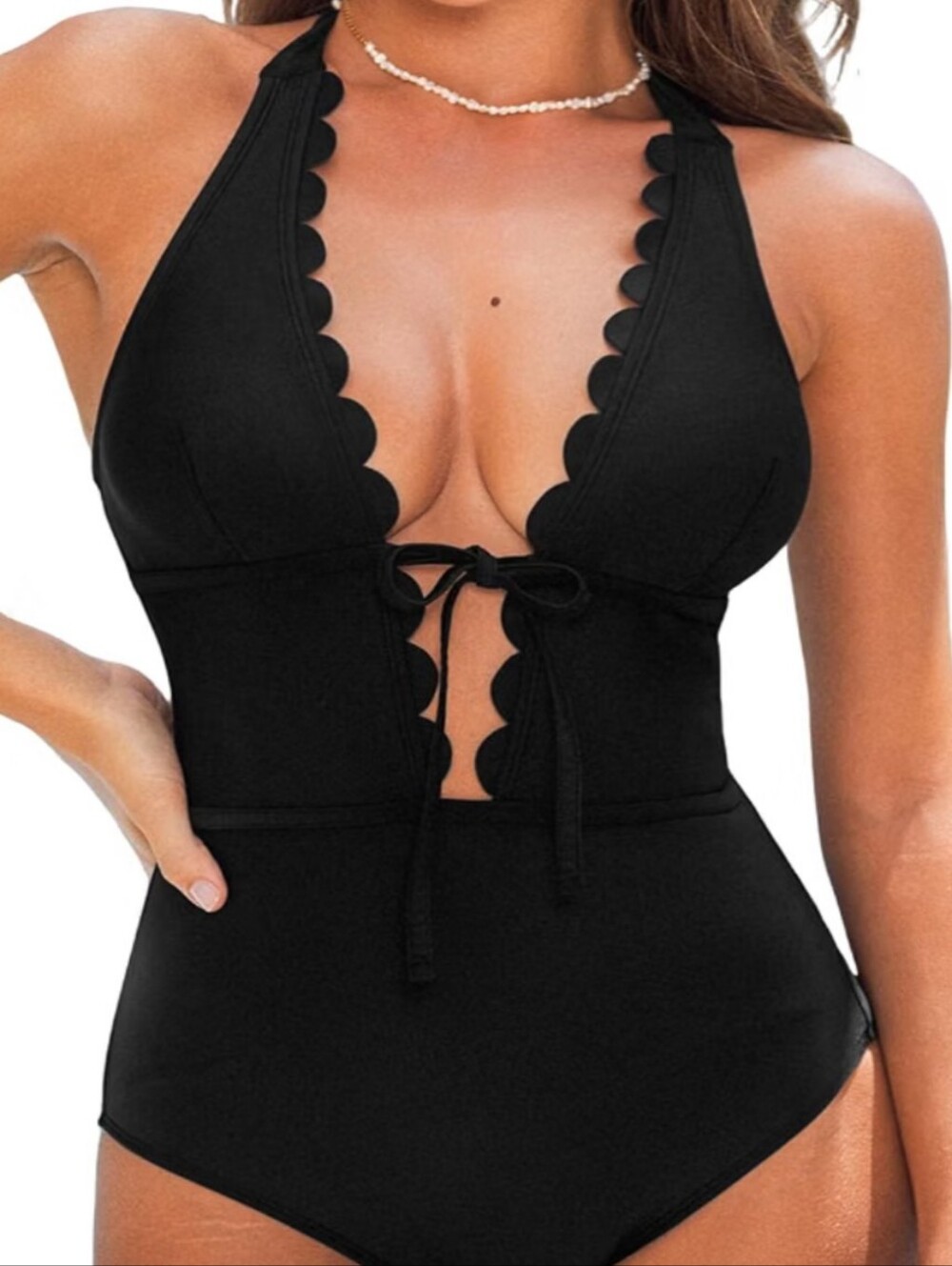 Black Scallop Trim One-Piece Swimsuit - Women Swim